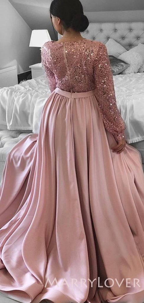 A-line Long Sleeves Pink Satin Sequin Long Evening Prom Dresses, Cheap Custom prom dresses, MR7827