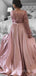 A-line Long Sleeves Pink Satin Sequin Long Evening Prom Dresses, Cheap Custom prom dresses, MR7827