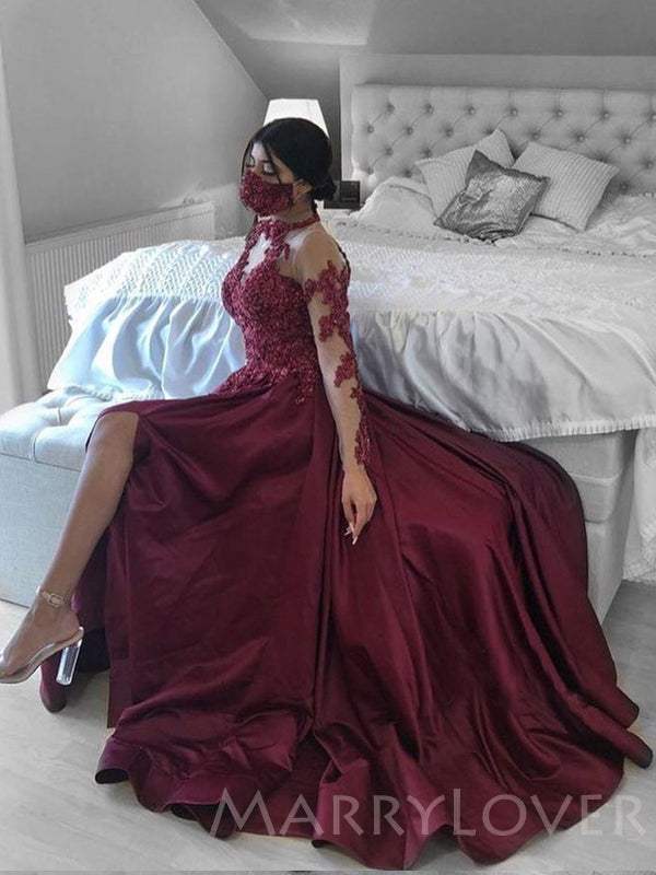 A-line Burgundy Satin Long Sleeves Appliques Long Evening Prom Dresses MarryLover A-line Burgundy Satin Long Sleeves Appliques Long Evening Prom Dresses MarryLover
