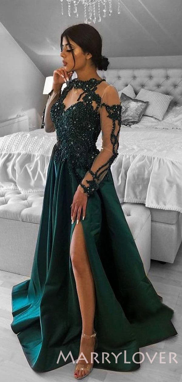 long sleeve prom dresses fast shipping Long Puff-Sleeve Prom Dress with Sheer Bodice Blue / 0