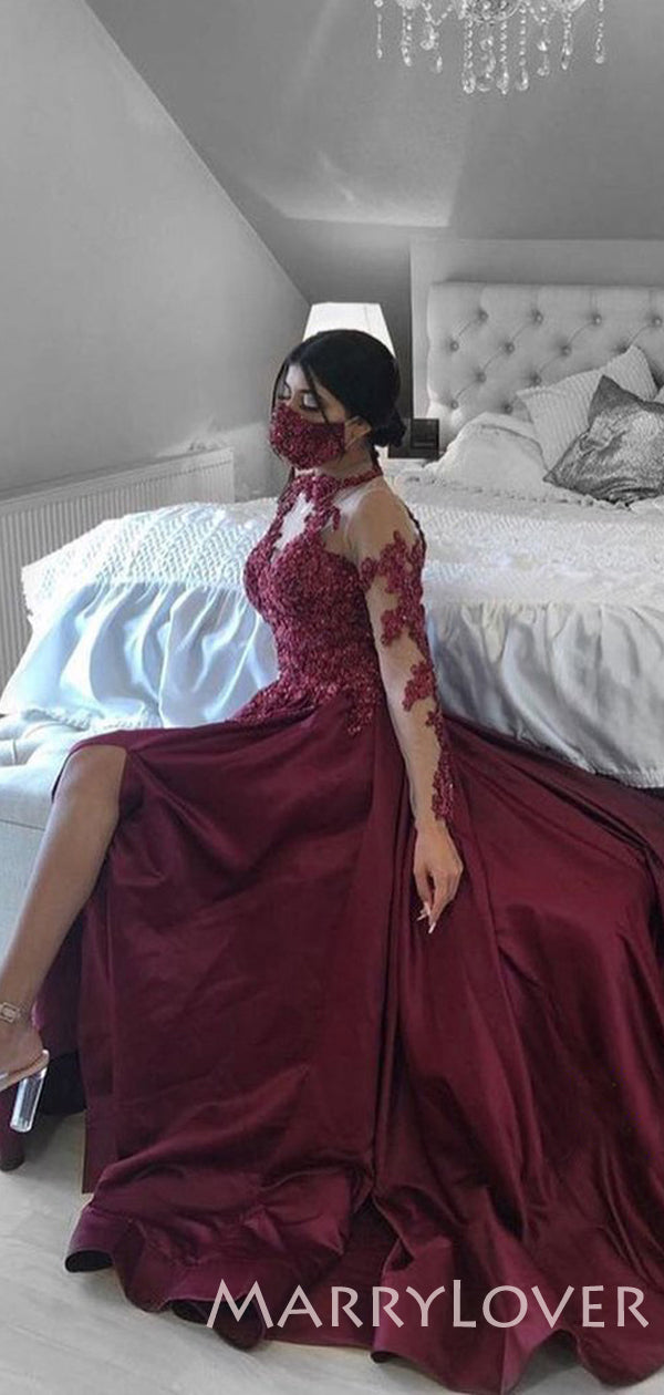 burgundy prom dress long sleeve Prom Dress with Long Sleeves and Floral Embroidery Burgundy Colored Court Train ARD2499