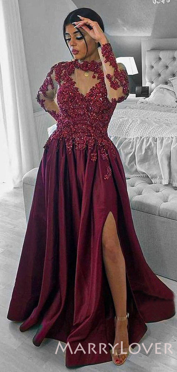 A-line Burgundy Satin Long Sleeves Appliques Long Evening Prom Dresses MarryLover A-line Burgundy Satin Long Sleeves Appliques Long Evening Prom Dresses MarryLover