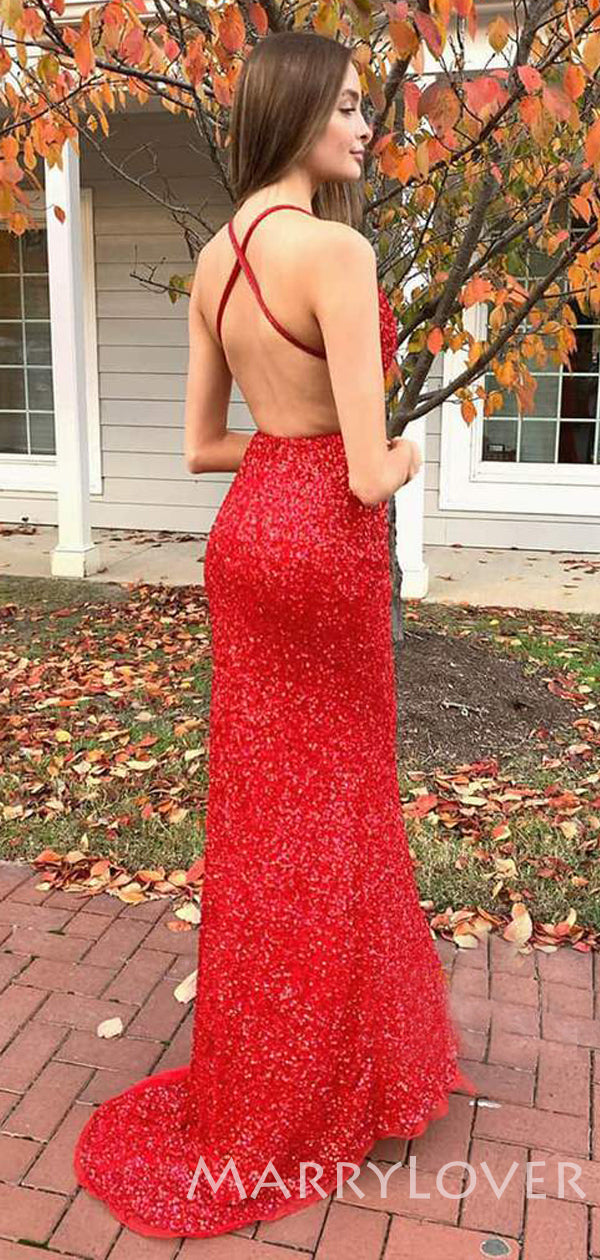 Red Sequin Mermaid Spaghetti Straps Long Evening Prom Dresses, Cheap C MarryLover Red Sequin Mermaid Spaghetti Straps Long Evening Prom Dresses, Cheap C MarryLover