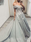 Off Shoulder A-line Grey Tulle Appliques Long Evening Prom Dresses, Cheap Custom Prom Dresses, MR7838