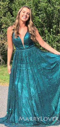 Sexy Deep V-neck A-line Jade Tulle Sparkly Spaghetti Straps Long Evening Prom Dresses, Cheap Custom Prom Dress, MR7839