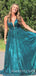 Sexy Deep V-neck A-line Jade Tulle Sparkly Spaghetti Straps Long Evening Prom Dresses, Cheap Custom Prom Dress, MR7839