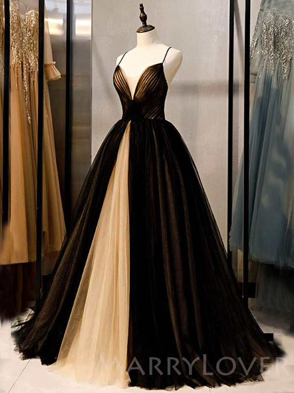 A-line Black Tulle Spaghetti Straps Long Evening Prom Dresses, Cheap Custom Prom Dress, MR7841