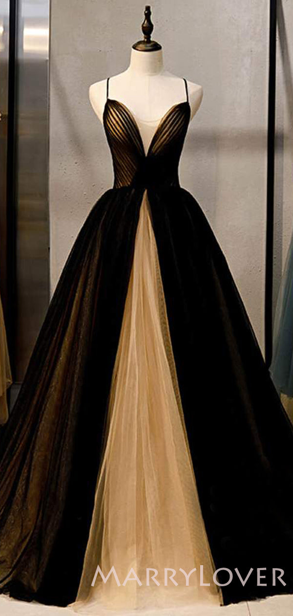 A-line Black Tulle Spaghetti Straps Long Evening Prom Dresses, Cheap C ...