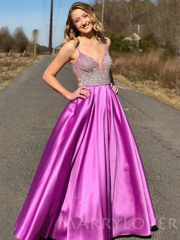 A-line Purple Satin Beaded Backless Long Evening Prom Dresses, Cheap Custom prom dresses, MR7844