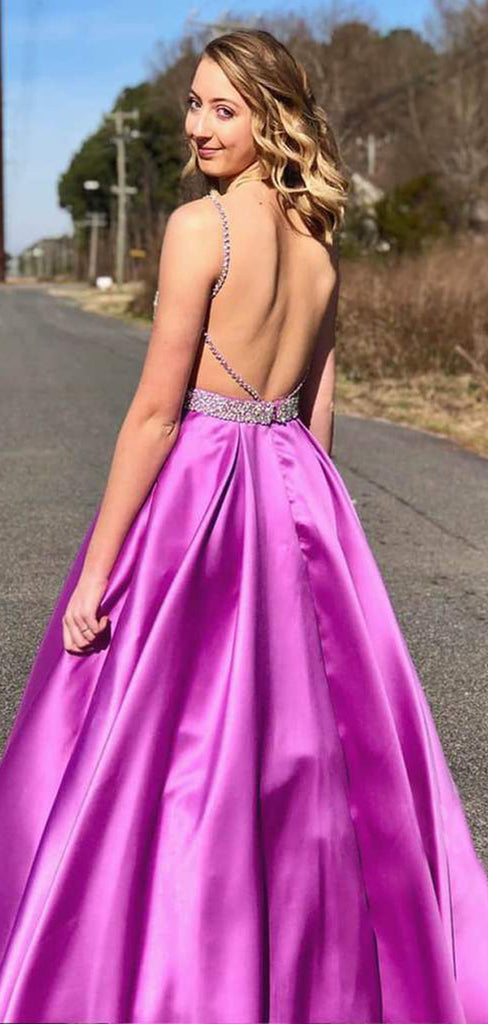 A-line Purple Satin Beaded Backless Long Evening Prom Dresses, Cheap Custom prom dresses, MR7844
