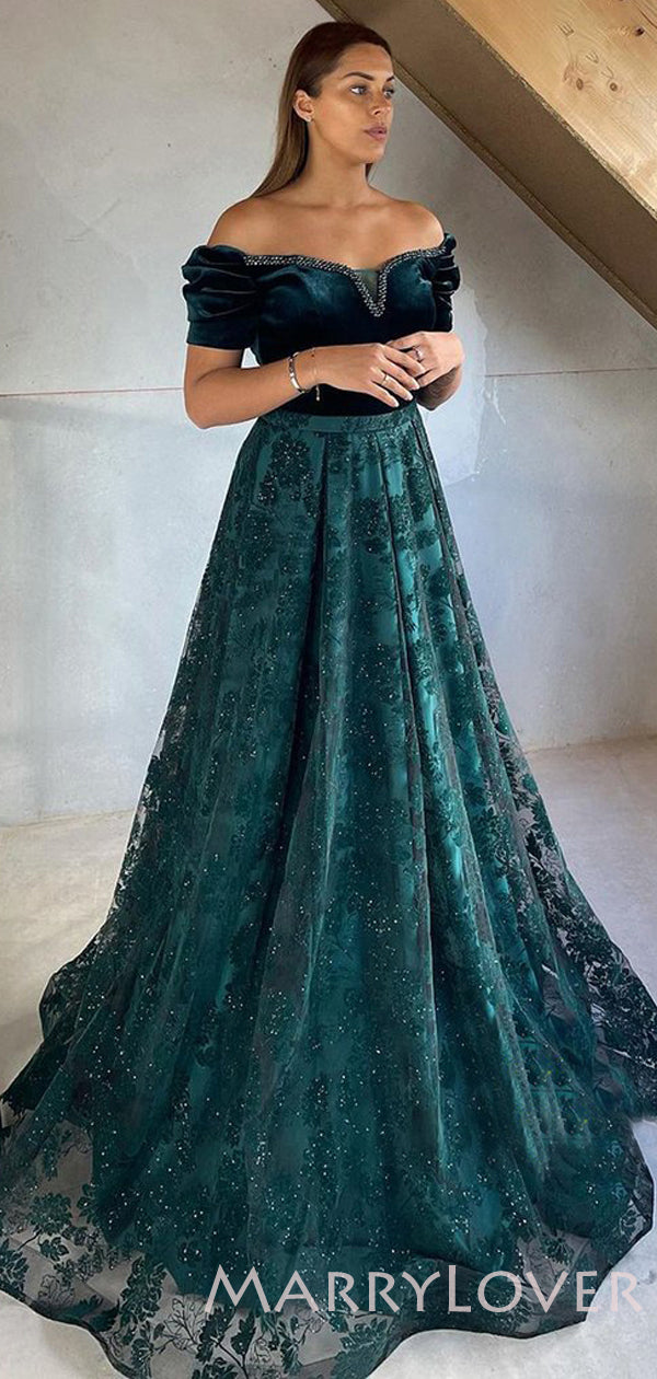 A-line Off Shoulder Dark Green Lace Long Evening Prom Dresses, Cheap C –  MarryLover