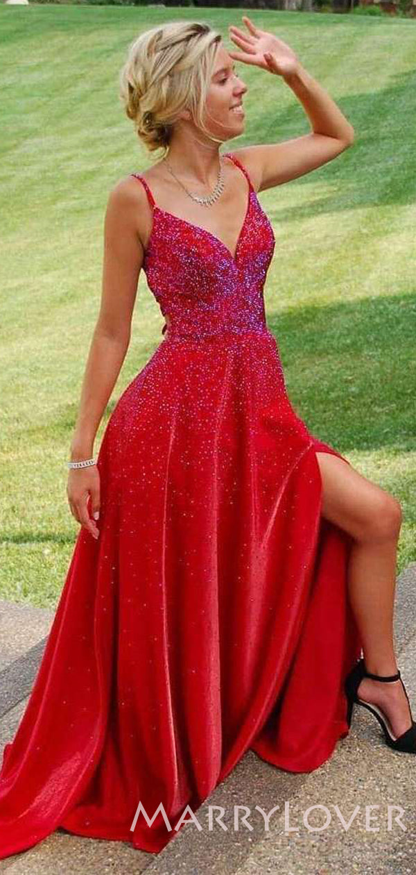 A-line Burgundy Satin V Neck Beaded side slit Long Evening Prom Dresse MarryLover A-line Burgundy Satin V Neck Beaded side slit Long Evening Prom Dresse MarryLover