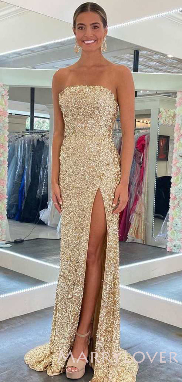 Gold Sequin Strapless Long Mermaid Evening Prom Dresses, Cheap Custom MarryLover Gold Sequin Strapless Long Mermaid Evening Prom Dresses, Cheap Custom MarryLover