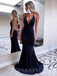 Sexy Deep V-neck Navy Blue Mermaid Long Evening Prom Dresses, Cheap Custom Prom Dresses, MR7855