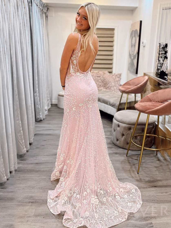 Sexy V-neck Mermaid Pink Lace Long Backless Evening Prom Dresses, MR78 MarryLover Sexy V-neck Mermaid Pink Lace Long Backless Evening Prom Dresses, MR78 MarryLover
