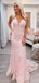 Sexy V-neck Mermaid Pink Lace Long Backless Evening Prom Dresses, MR7863