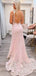 Sexy V-neck Mermaid Pink Lace Long Backless Evening Prom Dresses, MR7863