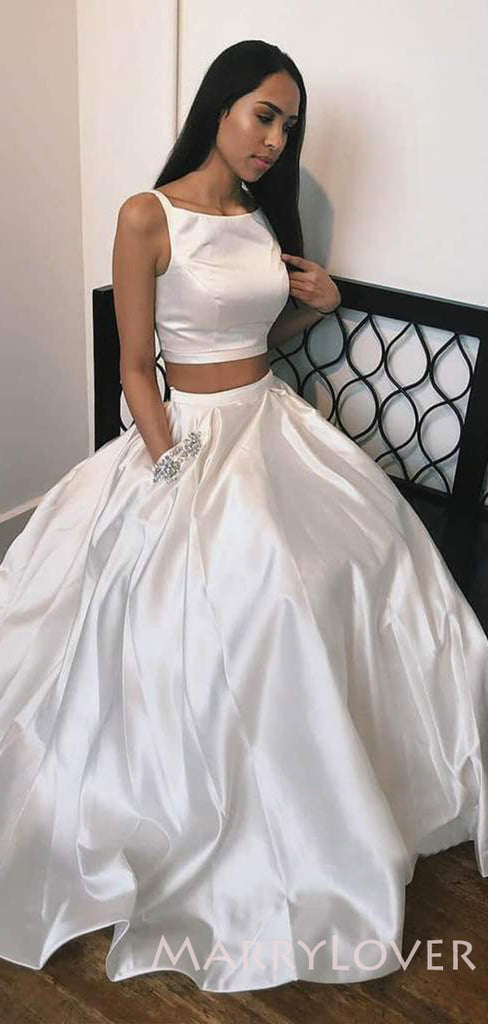Two Pieces A-line White Satin Long Evening Prom Dresses, Wedding Dresses, MR7872