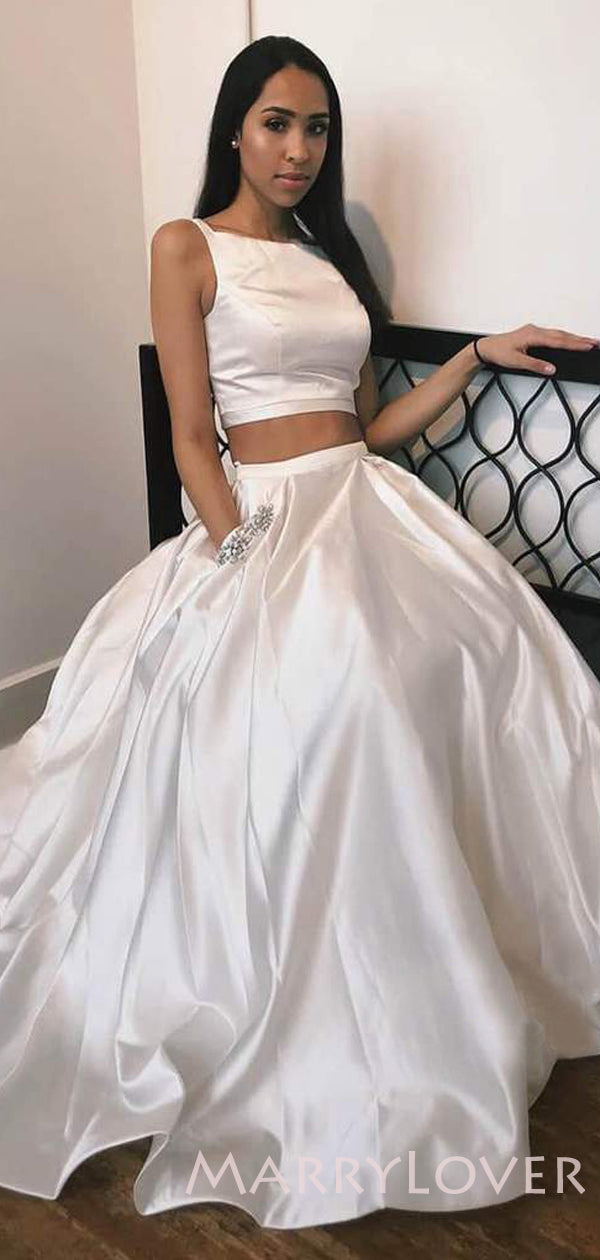 Two Pieces A-line White Satin Long Evening Prom Dresses, Wedding Dress MarryLover Two Pieces A-line White Satin Long Evening Prom Dresses, Wedding Dress MarryLover