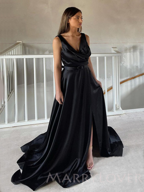 A-line Black Satin V-neck Long Evening Prom Dresses, Custom Prom Dress MarryLover A-line Black Satin V-neck Long Evening Prom Dresses, Custom Prom Dress MarryLover