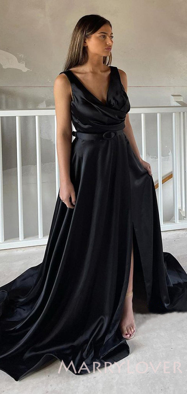 a line black satin dress Black Satin Floor Length A-Line Prom Dress, Off the Shoulder Evening P
