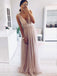 A-line Dusty Pink Tulle Beaded Long Evening Prom Dresses, Cheap Custom Prom Dresses, MR7876
