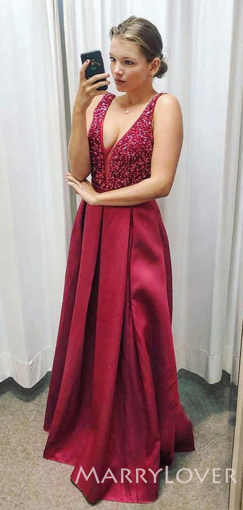 Sexy V-neck Burgundy Satin Beaded Long Evening Prom Dresses, Cheap Custom prom dresses, MR7883