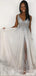 A-line Beaded White Tulle V-neck Long Evening Prom Dresses, Cheap Custom Prom Dress, MR7887