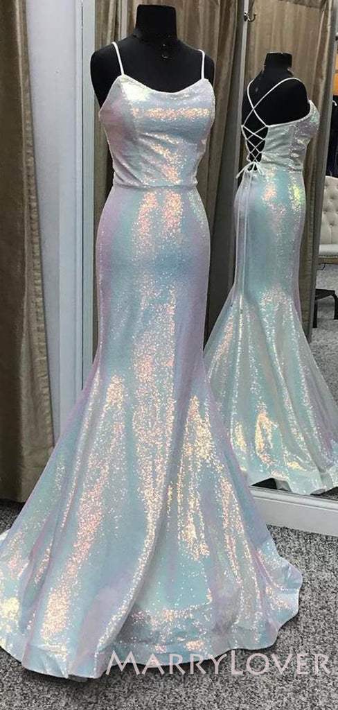 White Sequin Spaghetti Straps Long Mermaid Evening Prom Dresses, Cheap Custom Prom Dresses, MR7889