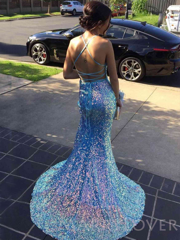 Mermaid Blue Sequin Spaghetti Straps Long Evening Prom Dresses, Cheap – MarryLover