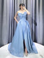 A-line Blue Satin Strapless Long Evening Prom Dresses, Cheap Custom Prom Dresses, MR7893