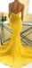 Yellow Satin Mermaid Spaghetti Straps Long Evening Prom Dresses, Cheap Custom Prom Dress, MR7901