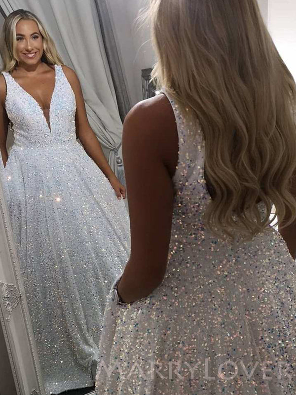 Deep V-neck A-line White Sequin Long Evening Prom Dresses, Cheap Custom Prom Dresses, MR7908 Deep V-neck A-line White Sequin Long Evening Prom Dresses, Cheap Custom Prom Dresses, MR7908