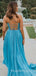 A-line Blue Chiffon Beaded Spaghetti Straps Long Evening Prom Dresses, Cheap Custom Prom Dresses, MR7911