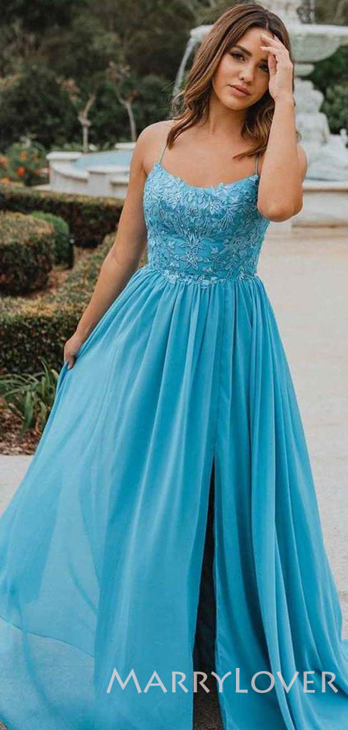 A-line Blue Chiffon Beaded Spaghetti Straps Long Evening Prom Dresses, Cheap Custom Prom Dresses, MR7911