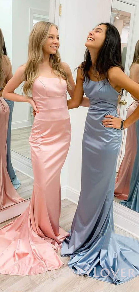 Pink/Grey Satin Spaghetti Straps Mermaid Long Evening Prom Dresses, Cheap Custom Prom Dresses, MR7913
