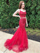Two Pieces Burgundy Tulle Mermaid Appliques Lace Long Evening Prom Dresses, MR7914