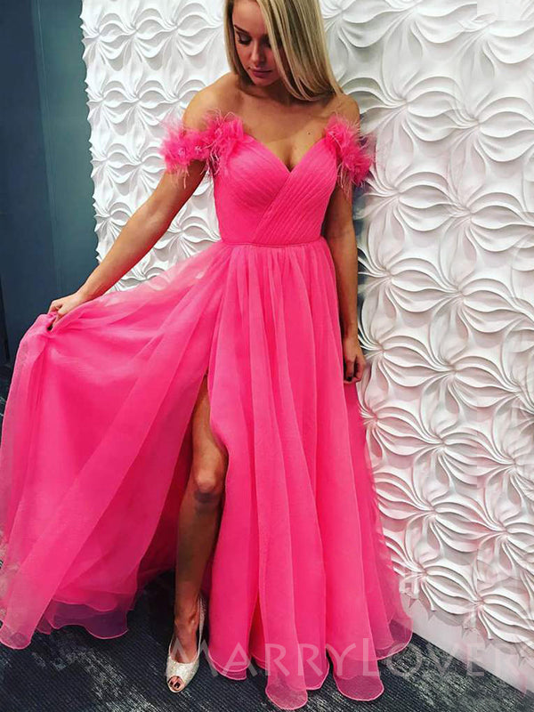 Off Shoulder Hot Pink Tulle A-line Long Evening Prom Dresses, MR7916