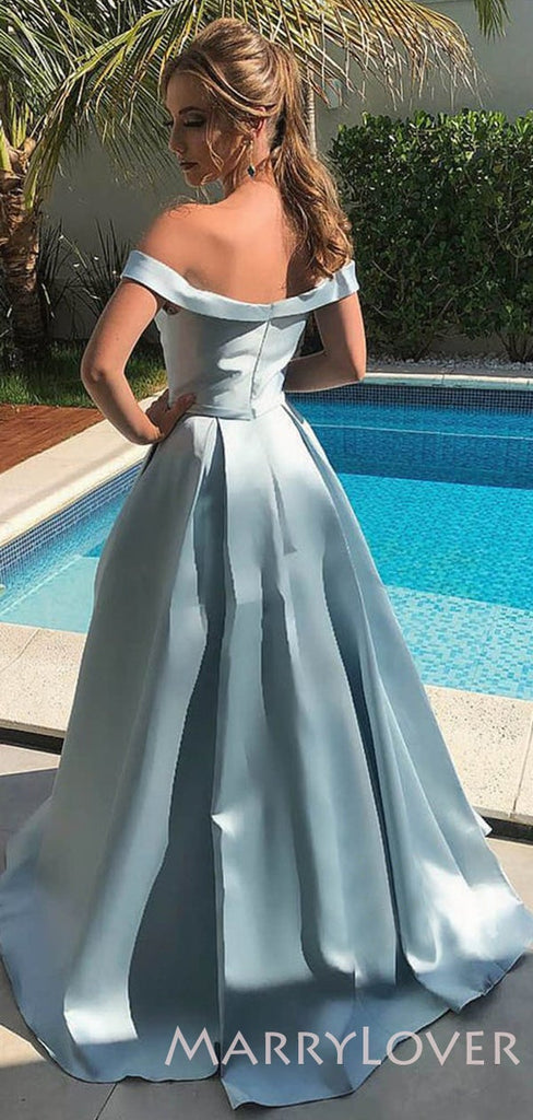 Off Shoulder Sky Blue Satin A-line Long Evening Prom Dresses, Cheap Custom prom dresses, MR7930