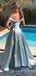 Off Shoulder Sky Blue Satin A-line Long Evening Prom Dresses, Cheap Custom prom dresses, MR7930