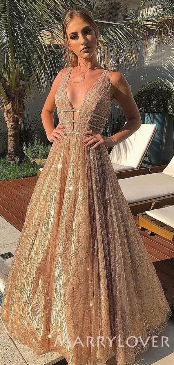Deep V-neck Gold Sequin A-line Long Sparkly Evening Prom Dresses, Chea MarryLover Deep V-neck Gold Sequin A-line Long Sparkly Evening Prom Dresses, Chea MarryLover