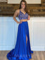 Two Pieces Royal Blue Satin appliques Long Evening Prom Dresses, Cheap Custom Prom Dress, MR7932