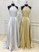 A-line Gold/silver Satin Beaded Halter Long Evening Prom Dresses, Cheap Custom prom dresses, MR7935