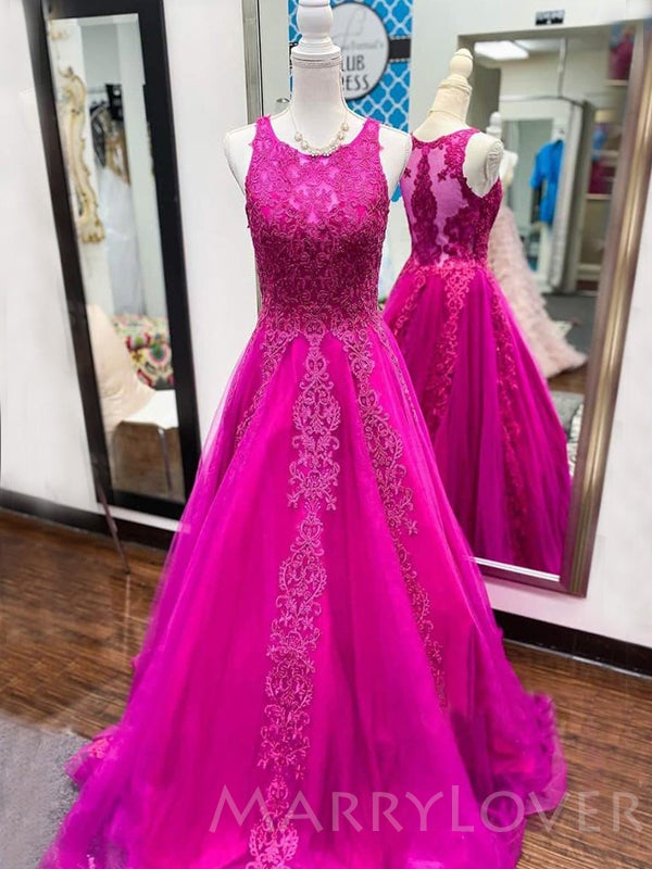 A-line Fuchsia Tulle Appliques Lace Long Illusion Evening Prom Dresses, Cheap Custom Prom Dresses, MR7938