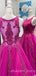 A-line Fuchsia Tulle Appliques Lace Long Illusion Evening Prom Dresses, Cheap Custom Prom Dresses, MR7938