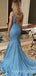 Sexy Deep V-neck Dusty Blue Sparkly Long Mermaid Evening Prom Dresses, MR7946