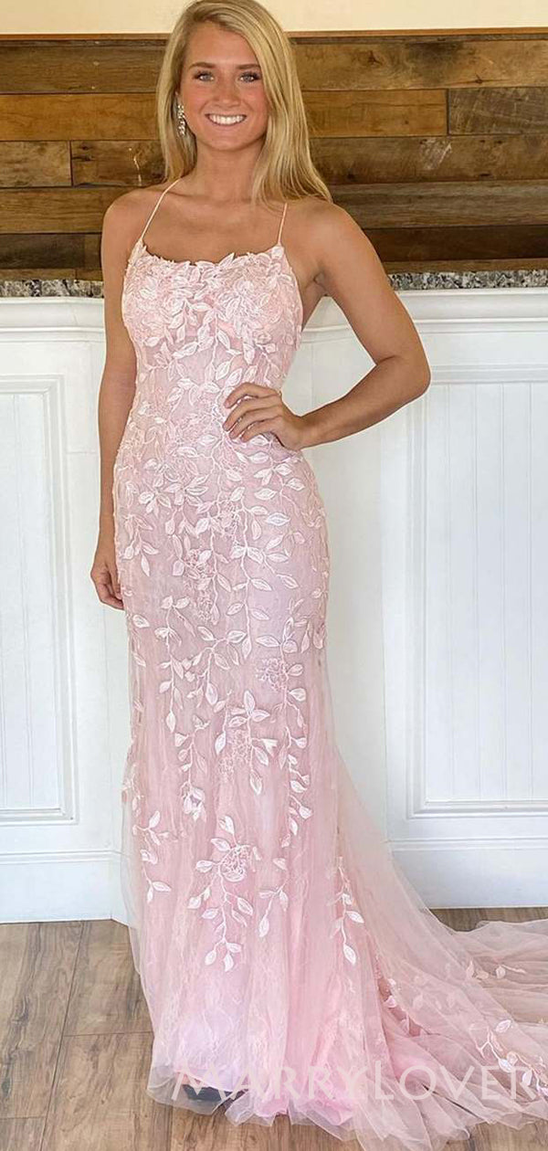 Pink Tulle Appliques Mermaid Lace Long Evening Prom Dresses, MR7957 MarryLover Pink Tulle Appliques Mermaid Lace Long Evening Prom Dresses, MR7957 MarryLover