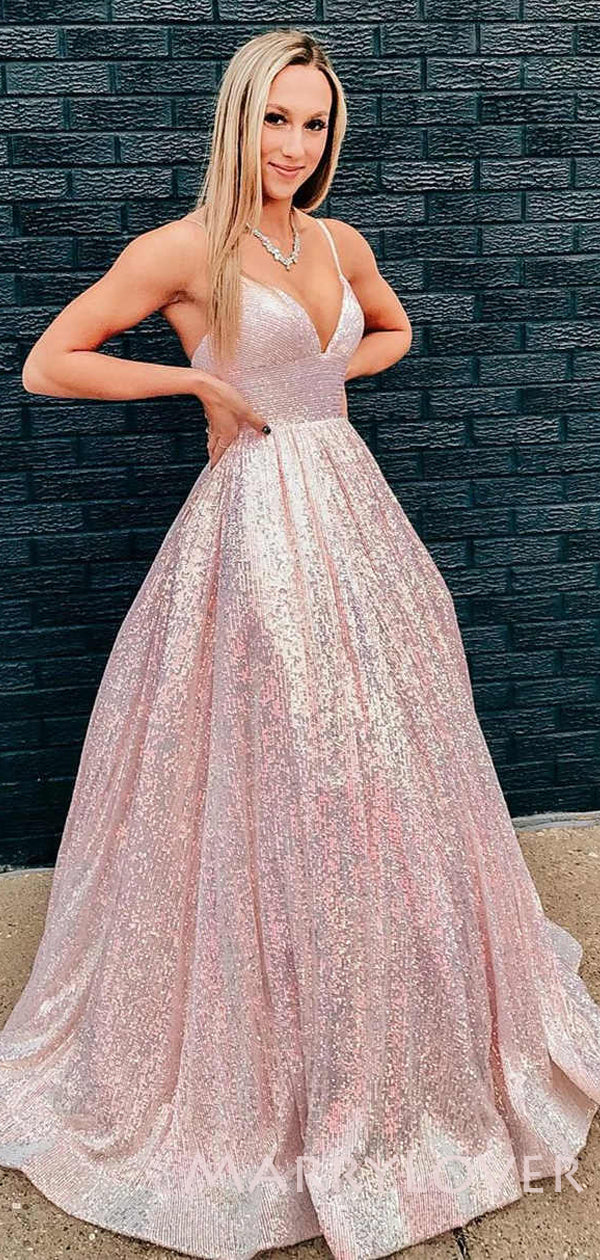 A-line Pink Sequin Spaghetti Straps Long Evening Prom Dresses, Cheap C MarryLover A-line Pink Sequin Spaghetti Straps Long Evening Prom Dresses, Cheap C MarryLover