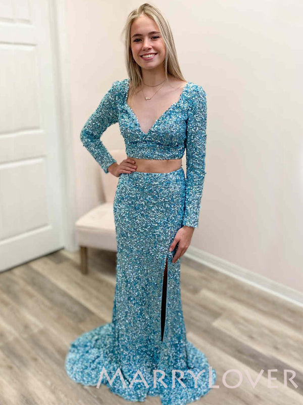 Two Pieces Blue Sequin Long Sleeves Mermaid Long Evening Prom Dresses, Cheap Custom Prom Dresses, MR7968