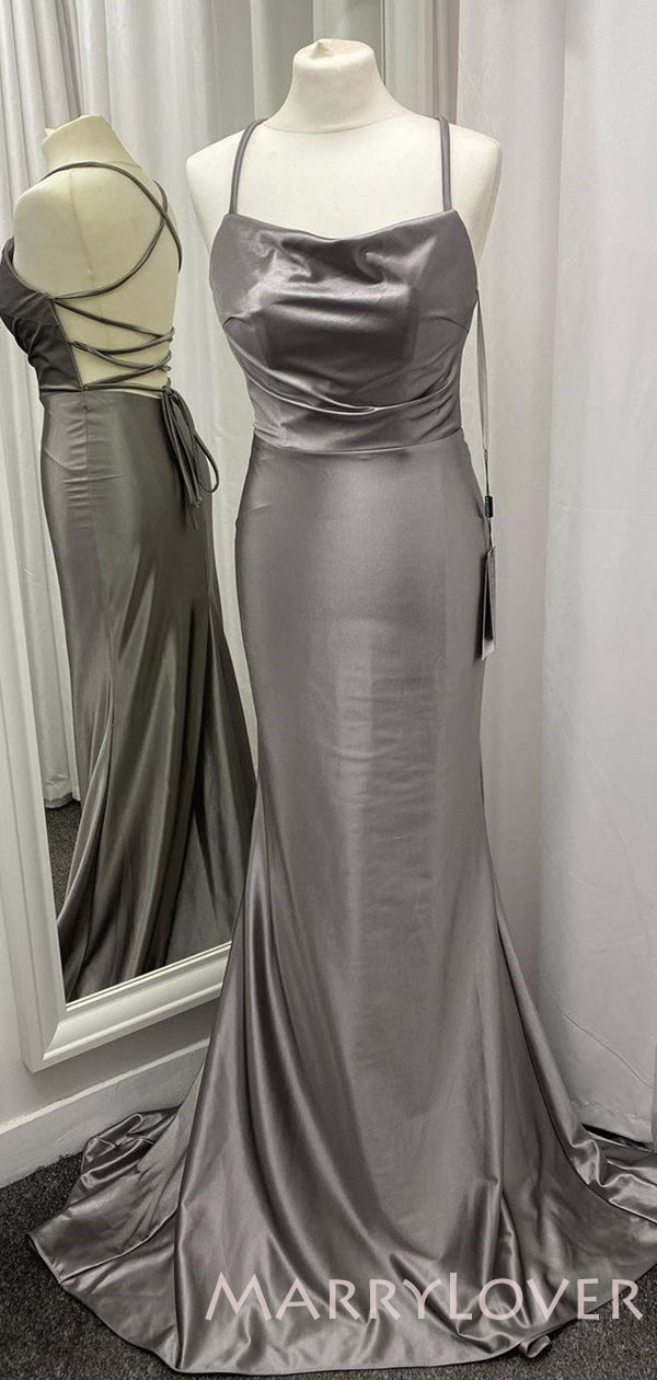 Mermaid Grey Satin Spaghetti Straps Long Backless Evening Prom Dresses, Cheap Custom Prom Dress, MR7980 Mermaid Grey Satin Spaghetti Straps Long Backless Evening Prom Dresses, Cheap Custom Prom Dress, MR7980